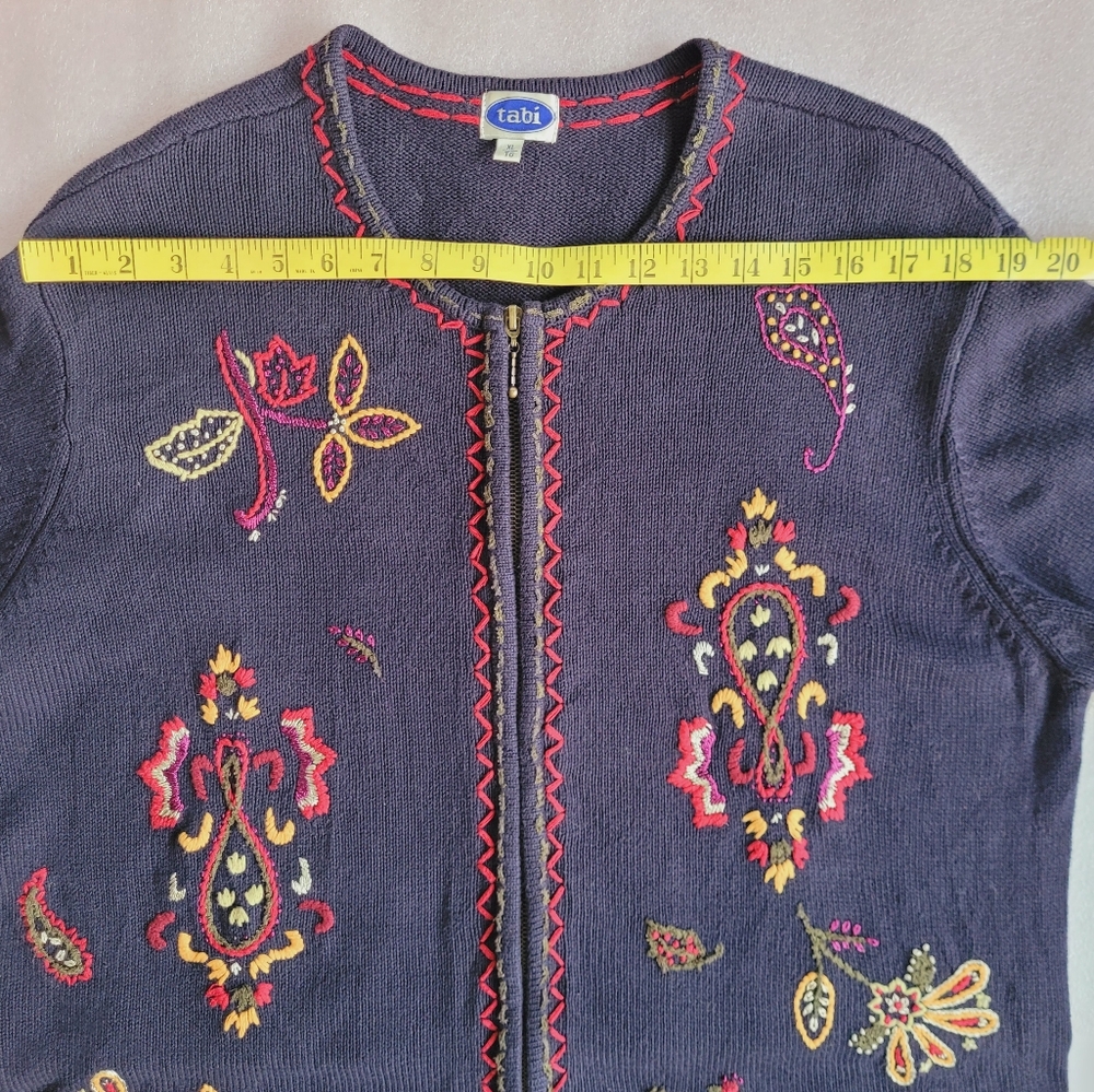 90s Boho Floral Embroidered Cardigan Navy Blue XL 12-14 - Picture 15 of 16